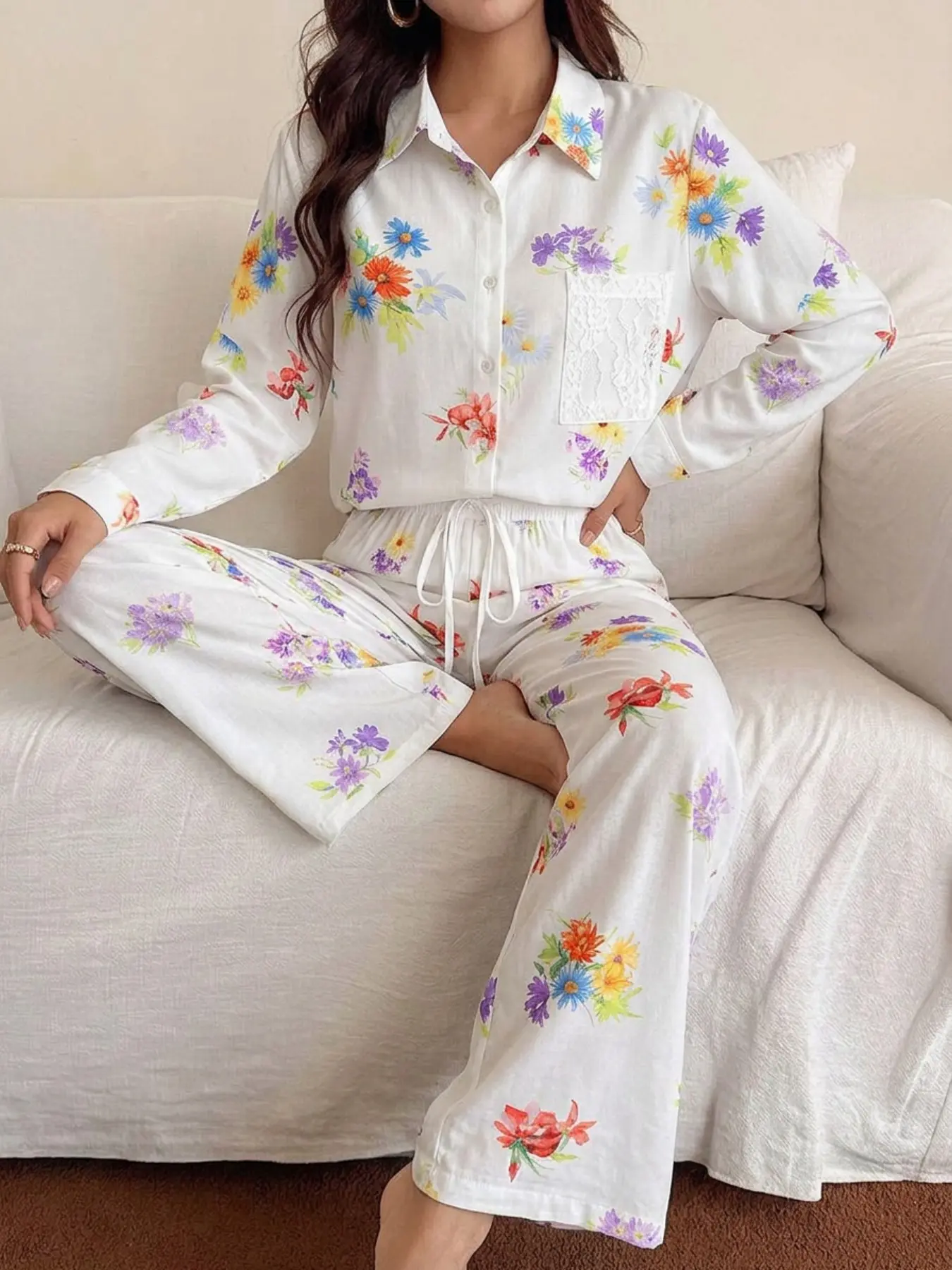 Women's Fresh Colorful Daisy Print Collared Long Sleeve Pajama Set, Lace Pocket Cardigan Wide Leg Pants, Casual Home Wear Two-Piece Set