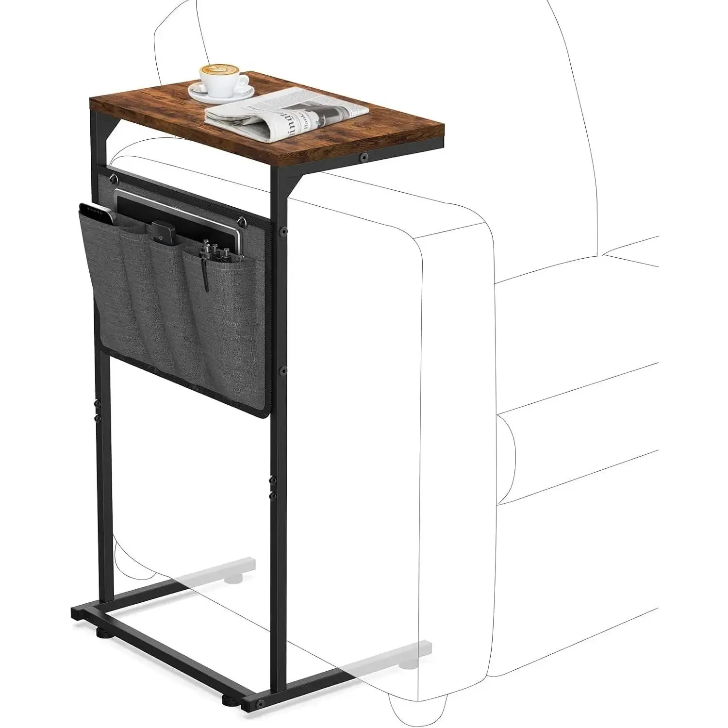 C Shaped End Table, Small Couch Side Table with Storage Bag, Sturdy Slide Under Sofa Table with Metal Frame for Living Room & Bedroom (16" L x 11.6" W x 28" H), RusticBrown