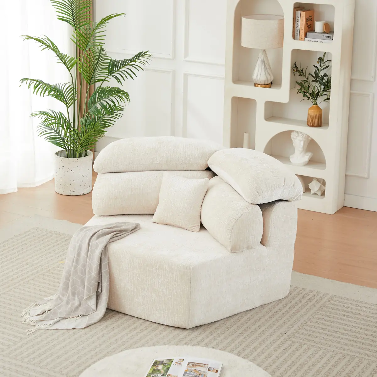 Beige Chenille Pentagonal Modular Foam Sofa, Single Cloud-Like Lounge Chair with 3 Enveloping Pillows, Breathable Non-Slip Bottom Floor Couch, Compressed Shippable Minimalist Cocoon Sofa for Living Room Bedroom Game Room Nook