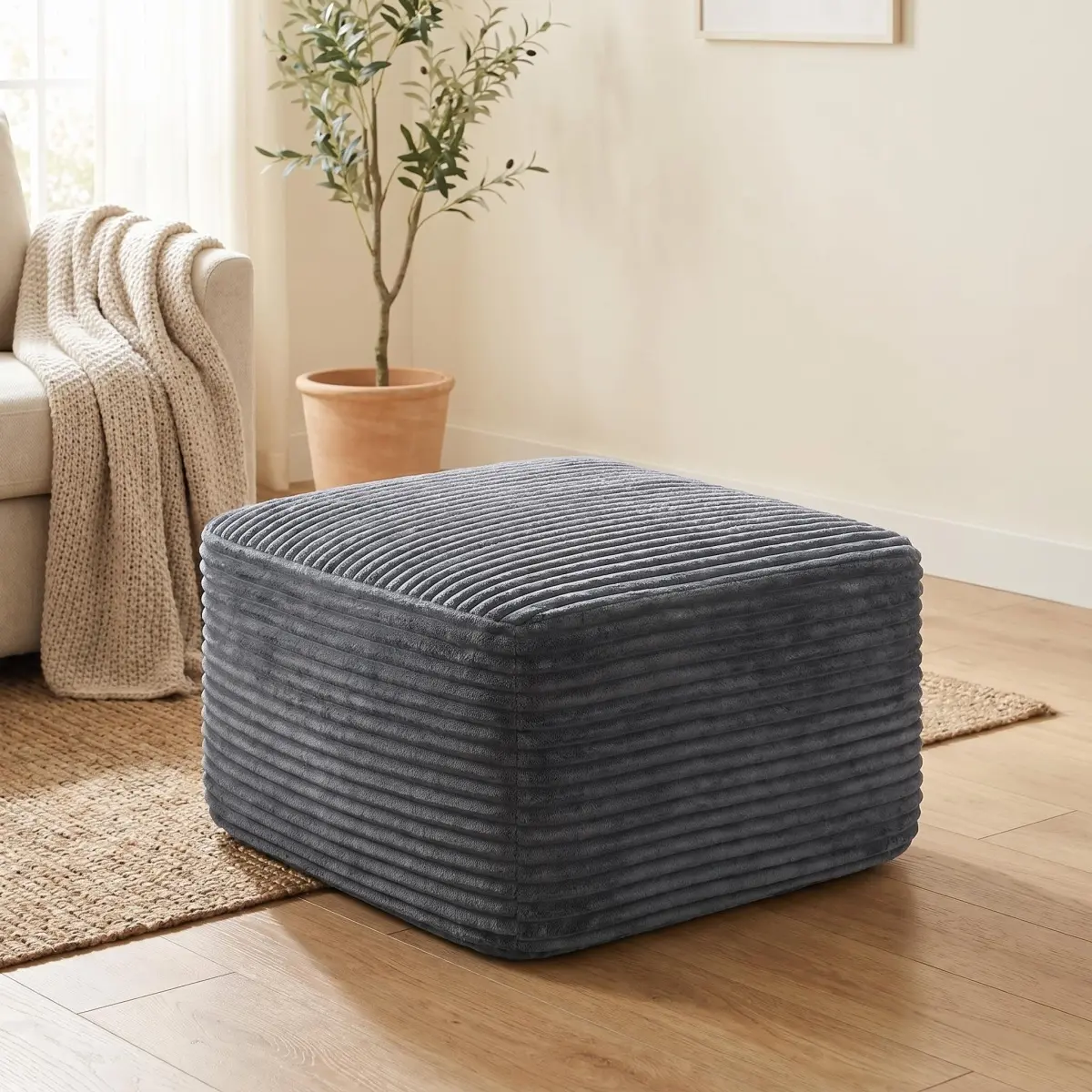 37.5" Ottoman Corduroy Foot Stool Square Upholstered Foot Rest for Couch, Soft Padded Foot Stool for Living Room Bedroom Decor,Gray
