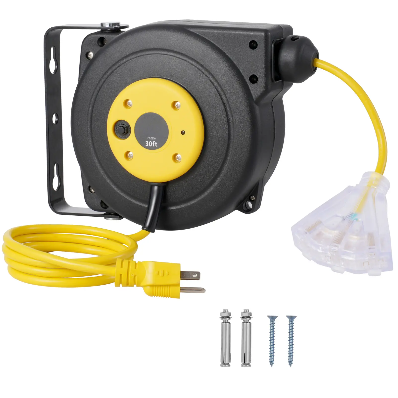 Retractable Extension Cord Reel, 30 FT, Heavy Duty 16AWG/3C SJTOW Retractable Power Cord Reel with Lighted Triple Tap Outlet 10 Amp Circuit Breaker 4.5FT Lead-in Cord, for Ceiling or Wall Mount