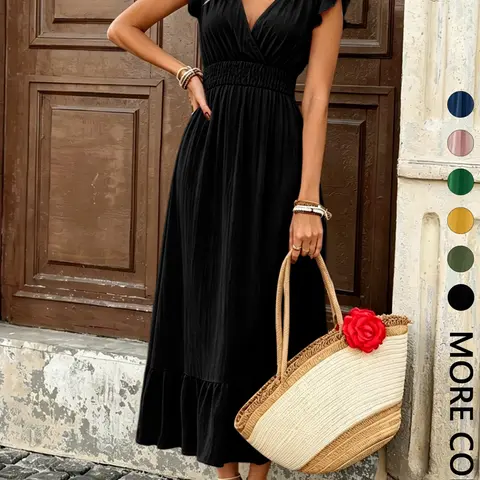 Women's Plain Shirred High Waist V Neck Ruffle Dress, Elegant Fashion Casual Long Dress for Daily Outdoor Wear, Chic Dress