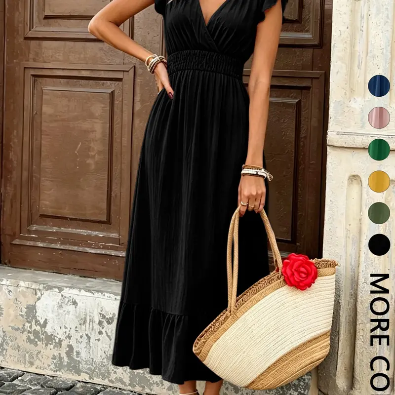 Women's Plain Shirred High Waist V Neck Ruffle Dress, Elegant Fashion Casual Long Dress for Daily Outdoor Wear, Chic Dress