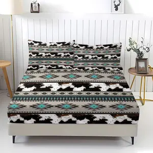 Western Aztec Cow Print Fitted Sheet Set,HD Printed Soft Breathable Microfiber Bedding,Deep Pocket Dustproof Durable Mattress Cover,1 Fitted Sheet+2 Pillowcases,Farmhouse Decor Gift for Western Lovers