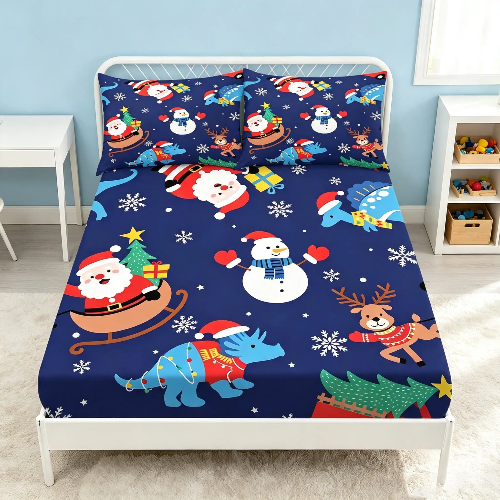 3-piece children's Christmas dinosaur fitted sheet with Santa Claus, snowman, and reindeer prints, fully wrapped bed cover, festive cartoon boy bedroom bedding, including 1 fitted sheet and 2 pillowcases (without filling)