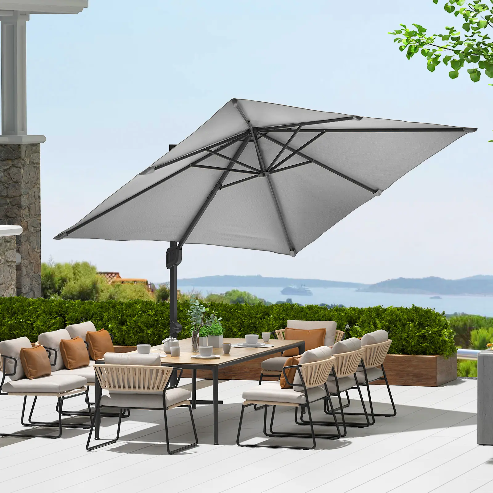 Cantilever Patio Umbrella 10x10 ft Large Rectangle Umbrella with Base, 360° Rotating Square Offset Outdoor Sun Shade, UV50+ Wind Resistant Durable Fabric, Easy Assembly for Garden, Pool, Deck