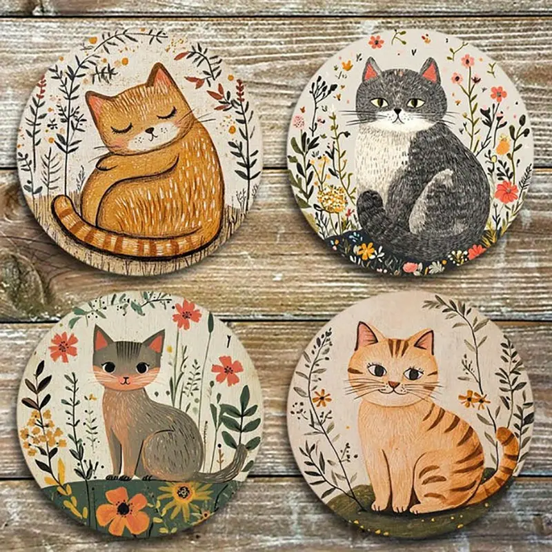 Four packs of cat claw theme coasters, suitable for tea and wooden kitten beverage coasters, cute desktop protective mats, cat slave exclusive wooden Decorative coaster set (for decoration)