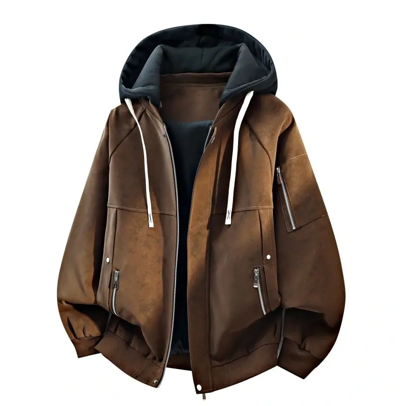 American Retro Faux Two-Piece Hooded Suede Jacket For Men, Multi-Zipper Loose Workwear Jacket, Hooded PU Leather Textured Faux Two-Piece Jacket, Retro Workwear Baseball Jacket