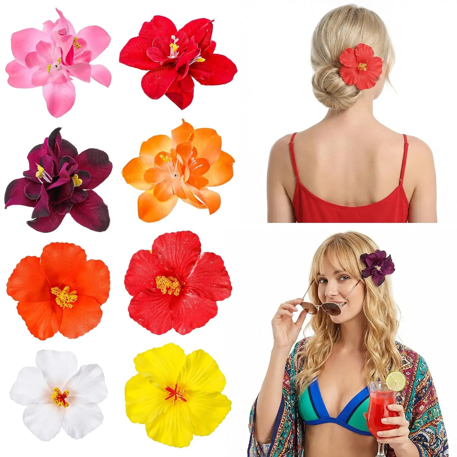 8 count Hawaiian Flower Hair Clips for Women, Plumeria Hibiscus Hairclip 3.5 Inch Boho Artificial Flower Clips Cute Beach Hair Accessories for Women Girls Summer  Party Beach Seaside