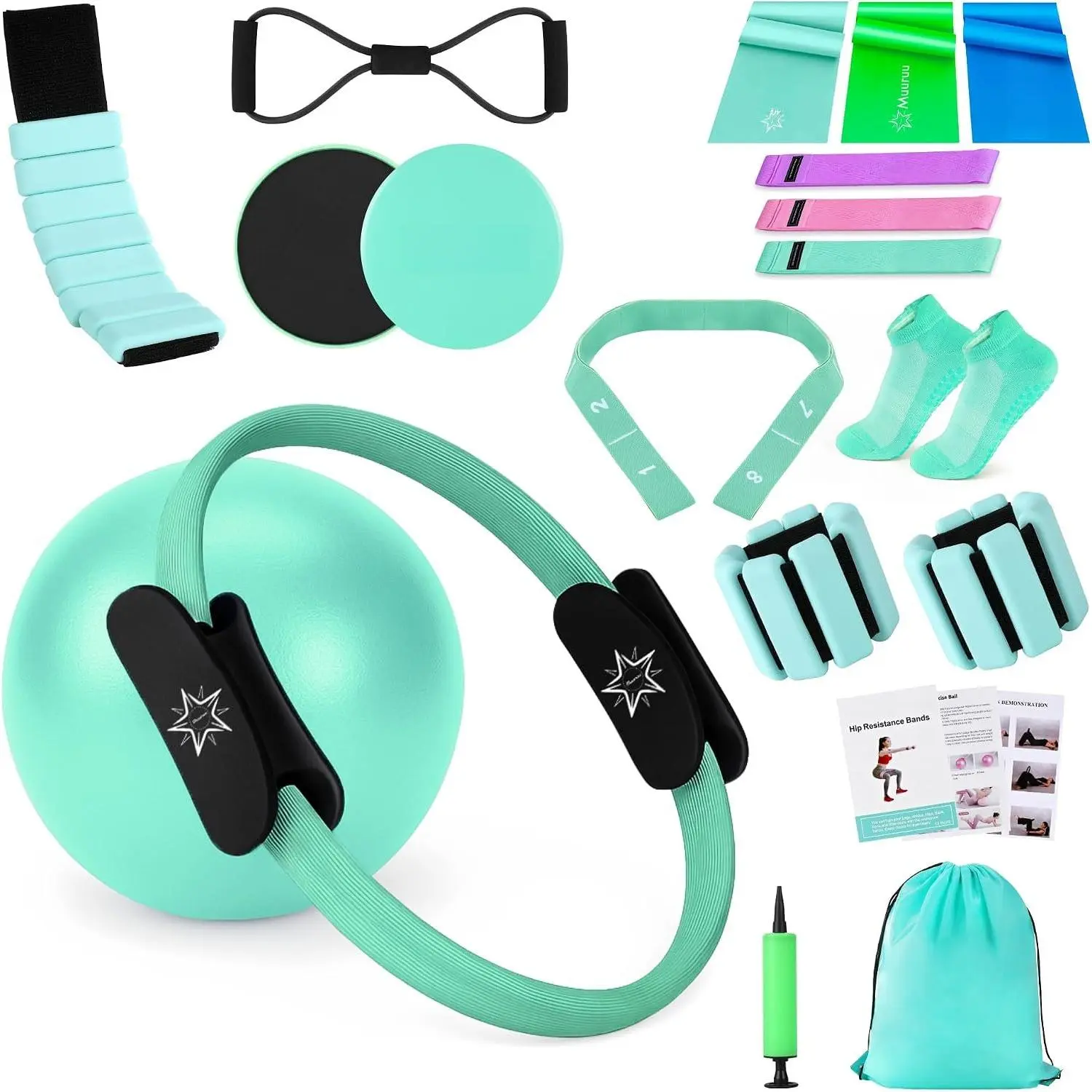 Pilates Equipment Kit for  Workout, Pilates Ring and Ball Set for Women, 14'' Magic Circle Essentials Accessories Kit, Wrist Weights, Resistance Bands, Yoga Strap, Socks, Bag Light Green