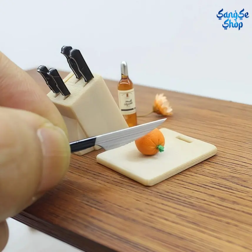 Doll House Accessory Set with Realistic Appearance - 7-Piece Detailed 1:12 Scale Cooking Tools with Knife Block and Board