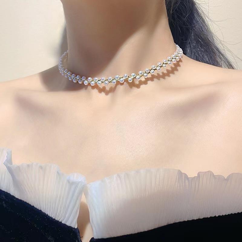 Hand Braided Black Crystal White Pearl Choker | Women’s Light Luxury Personalized Elegant Neck Jewelry | Everyday Style Collarbone Chain evry jewels day collar chainmail Necklace Rosary Bead