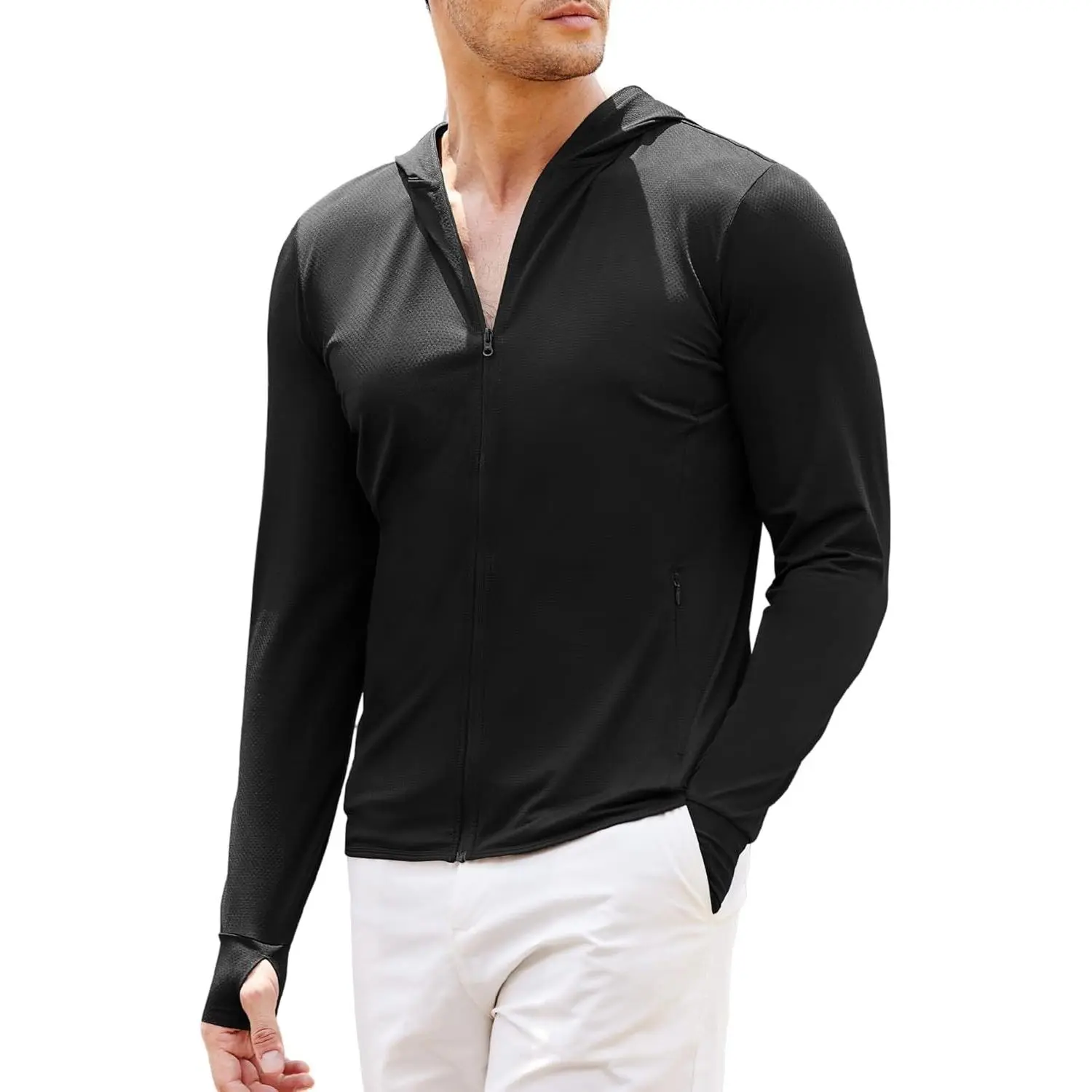 Full-Zip Men's Lightweight Hoodie UPF 50 - Breathable Sun Protection Jacket with Pockets for Golf, Fishing, Hiking