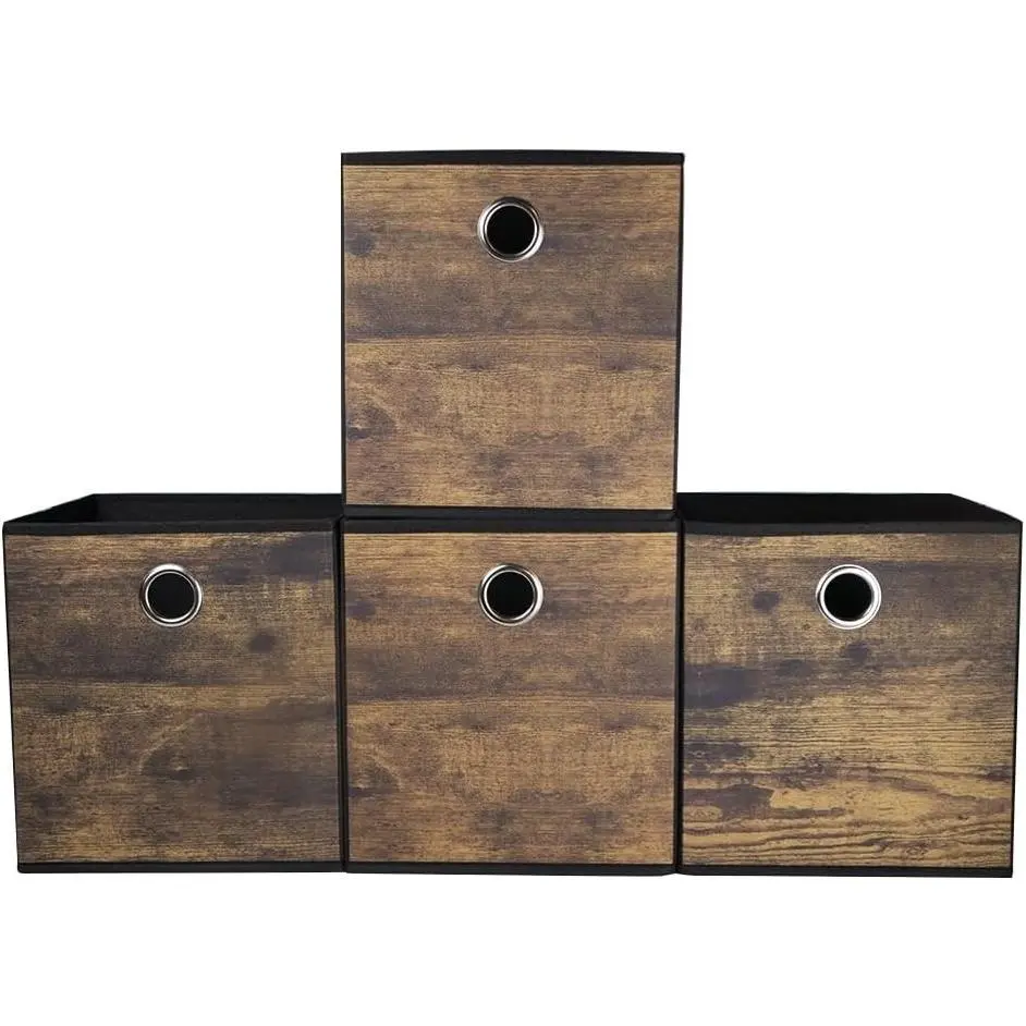 4 Pack Durable Wood Grain Storage Cube Bins, Thickened Fabric Storage Baskets for Open Shelf, Bookcase, Closet, Storeroom, Bedroom, Living Room, Nursery, Office, Dorm, 10.2x10.2x11in (Small)Gift