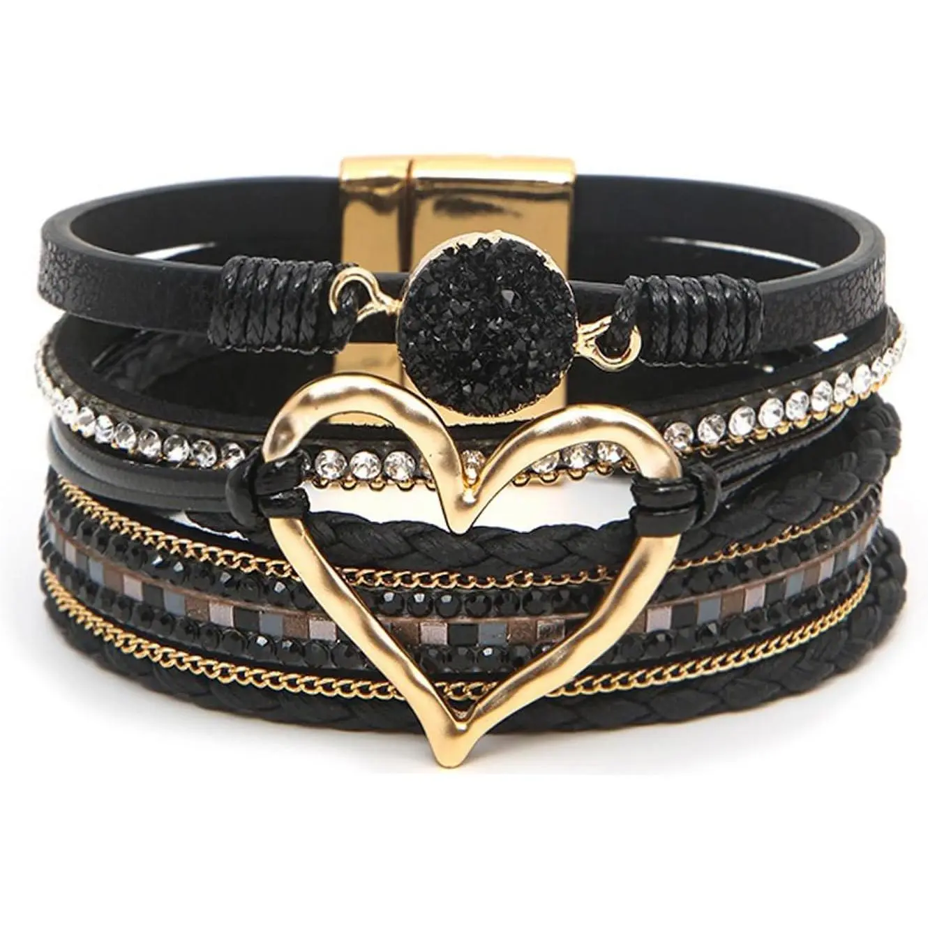 Leather Wrap Bracelet for Women, Boho Cuff Bracelet with Strong Clasp, Multi-Layer Crystal Leather Bracelet for Valentine Mother's Day