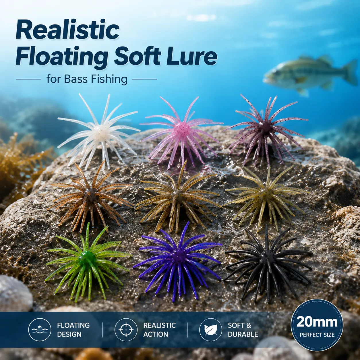 20mm Sea Urchin-Shaped Floating Soft Lure for Saltwater Fishing – TPE Material, Lifelike Design, Ideal for Boat and Shore Bass Fishing in North American Coastal Waters