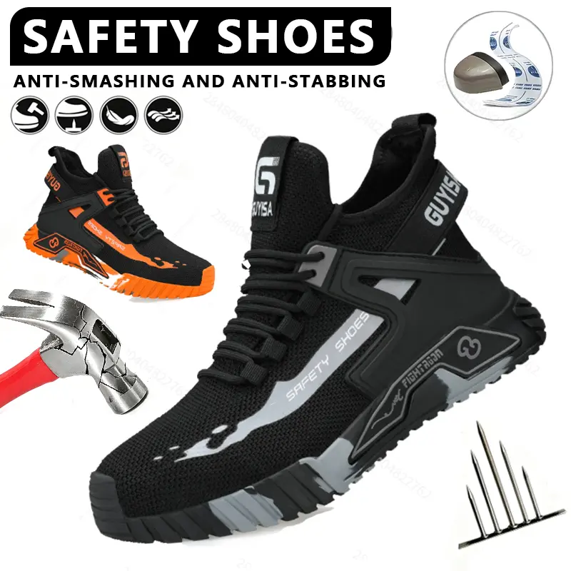 Men's Lightweight Lace-Up Round Toe Steel Toe Safety Work Boots - Waterproof, Anti-Smashing, Puncture-Protective, Breathable Knit, Slip-Resistant Industrial Footwear for Construction, Outdoor Work
