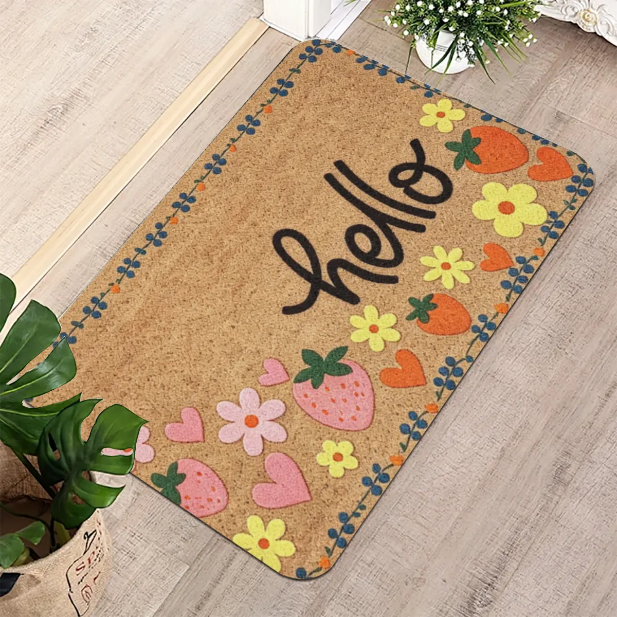 Strawberry Hello Welcome Mat – Floral Non-Slip Door Rug, Washable Rubber Backed Indoor/Outdoor Floor Mat For Entryway, Kitchen, Bathroom, Porch, Cute Strawberry, Heart & Daisy Design, Spring Summer Ho