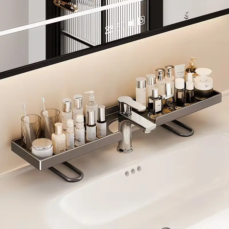 Bathroom Kitchen Faucet Shelf, Carbon Steel, No Drilling, Stand Design, Large Slot, Fits Most Faucets, Organize Skincare, Cleaning Tools, Bathroom Organizing Accessories, Bathroom Organizers