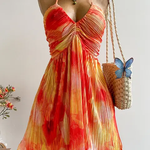 Plus Size Women's Off-Shoulder Backless Vacation Dress, Casual Beach Sundress, Boho Fashion Sundress, Boho Beach Sundresses, Boho Sleeveless Floral Beach Outfit, Casual Tropical Style for Easter, Hawaii & Coachella Music Festival