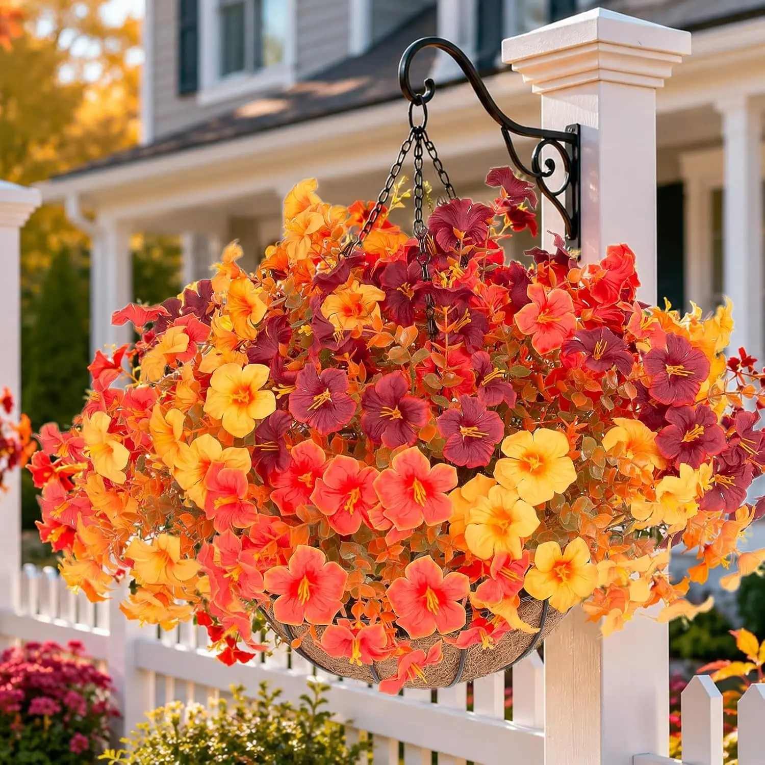 1 Set Artificial Outdoor Fall Flowers with Hanging Baskets, 12 Pcs Faux Petunias Flowers with Hanging Planter for Outside Porch Yard Garden Autumn Decor (1, Orange)