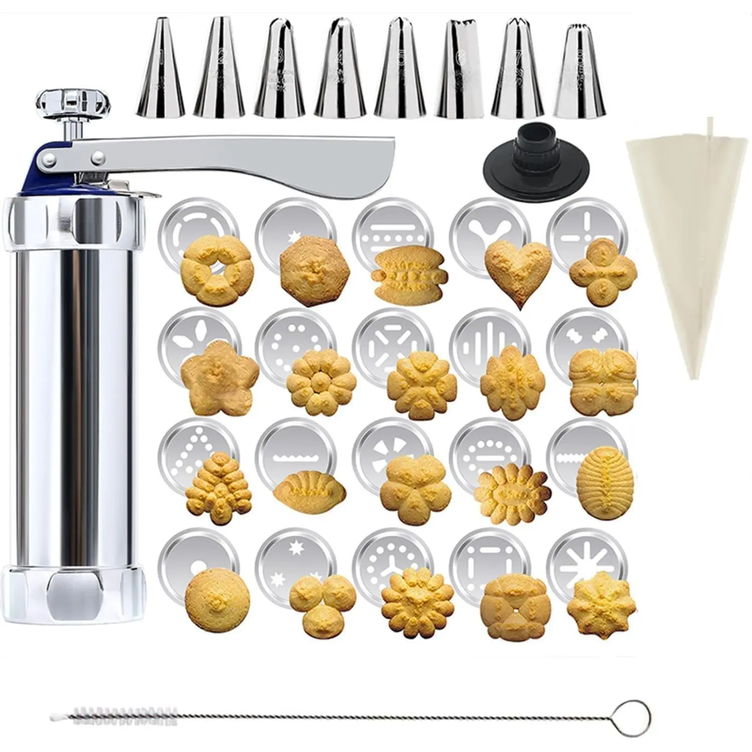 Stainless Steel Cookie Press Kit with Reinforced Handle, Professional Spritz Cookie Maker Gun with 20 Discs, 8 Icing Tips, Piping Bag & Brush, Durable Baking Set for DIY Holiday Cookies & Churros