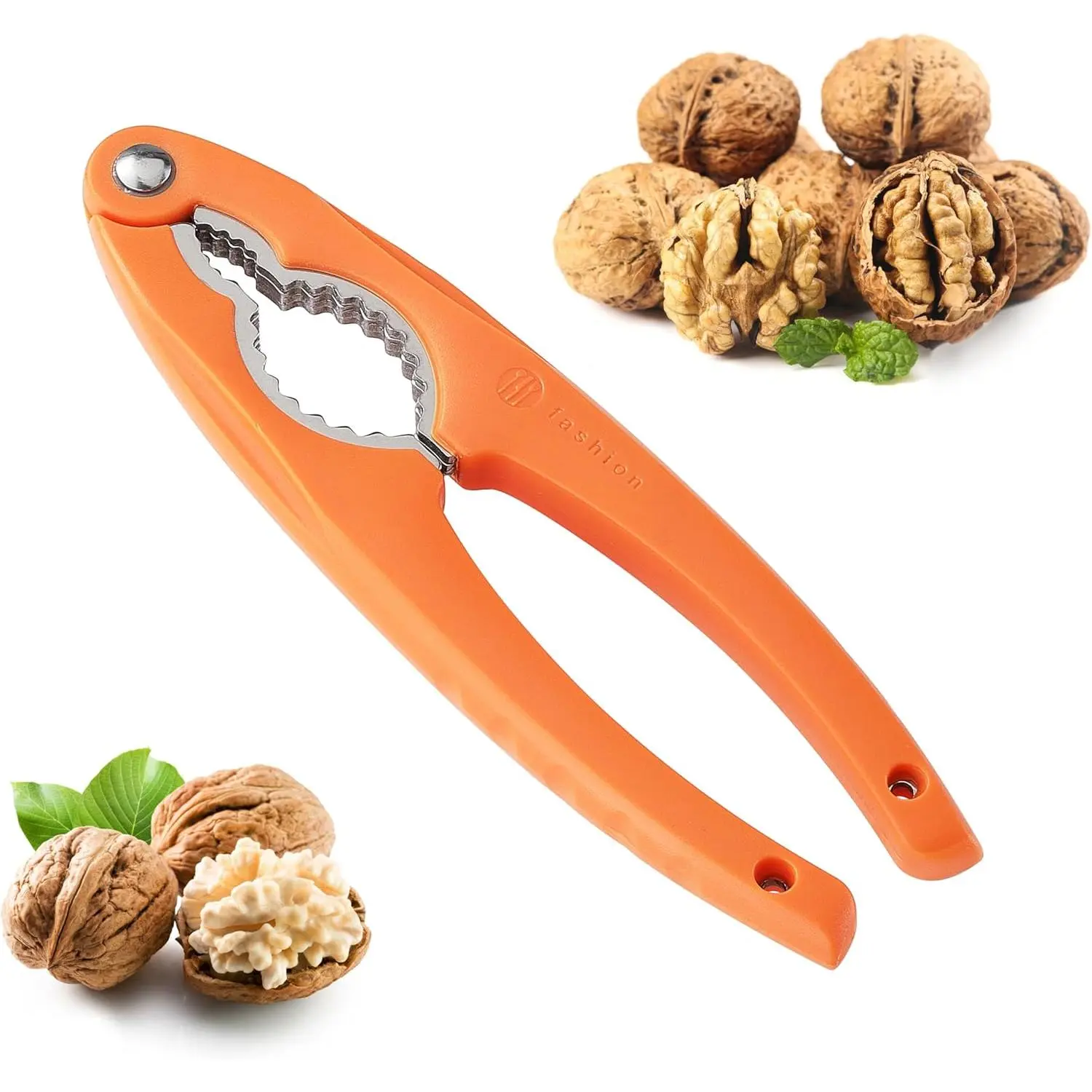 NutCracker, Stainless Steel Nut Crackers for All Nuts, Heavy Duty Nutcracker Tool for Walnet, Pencan, Chestnut, Crab, Lobster and More, Ergonomic Handle (Orange)