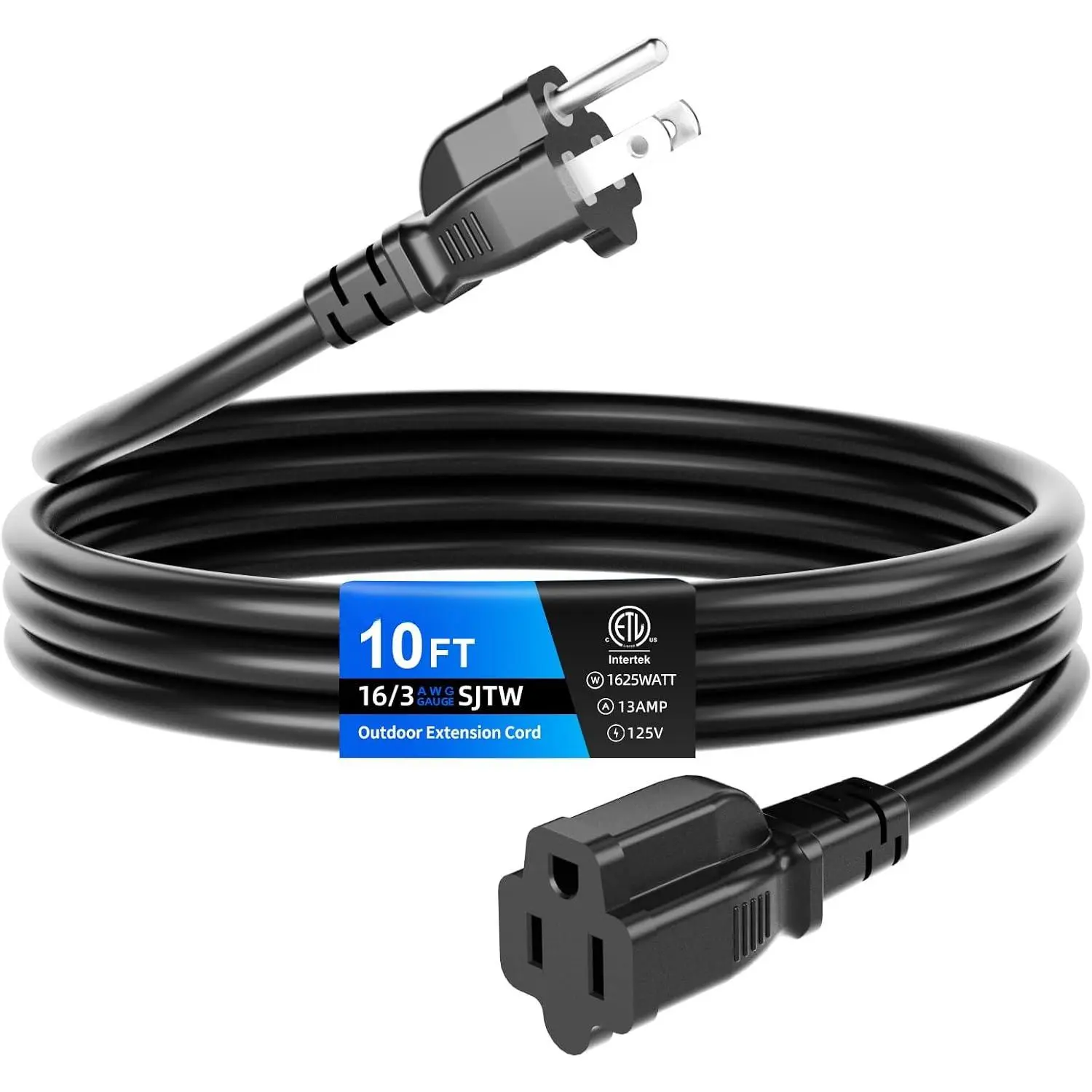 10 FT Outdoor Extension Cord , Black, 3-Prong Power Cord, 16 AWG SJTW, 13A 1625W, Grounded, General Purpose Long Extension Cord for Lawn & Garden, ETL Listed