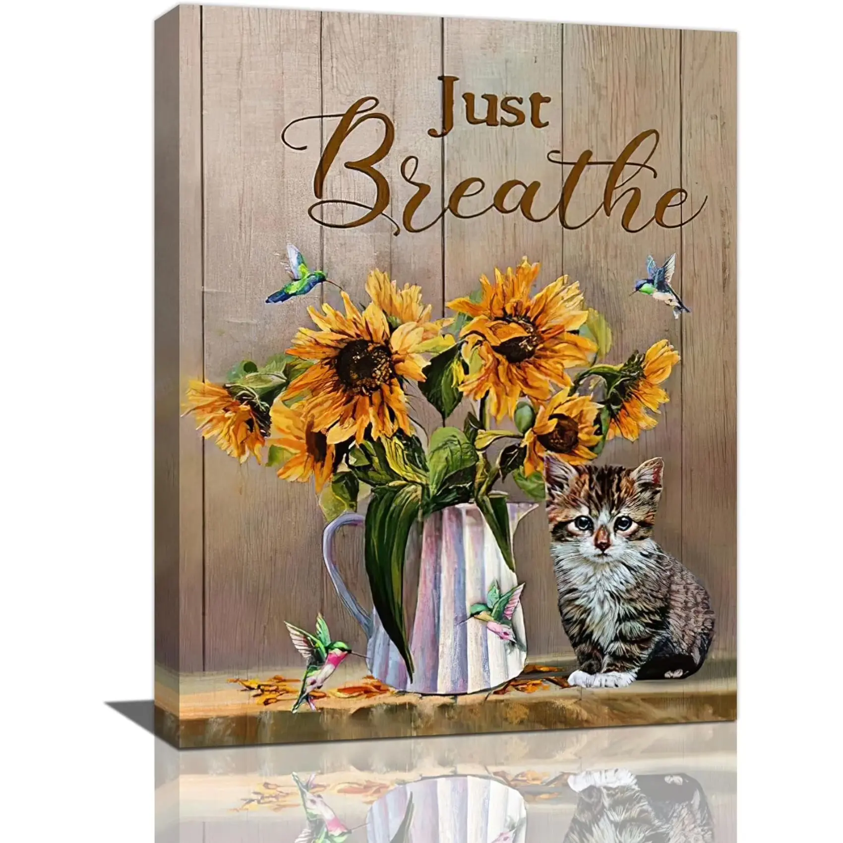 Farmhouse Sunflower Wall Art Rustic Flowers Cat Pictures Wall Decor Country Painting Just Breathe Canvas Print Framed Home Artwork For Living Room Bedroom Kitchen Office 12"x16"