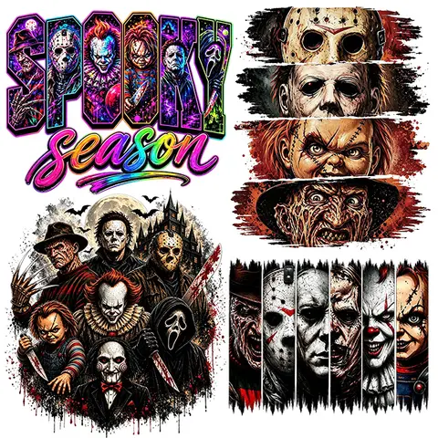 Retro Horror Villain Faces DTF Transfer - Slasher Vibe Washable Iron-On Sticker - Sewing Accessory for T-Shirts, Bags, Fabric Decor