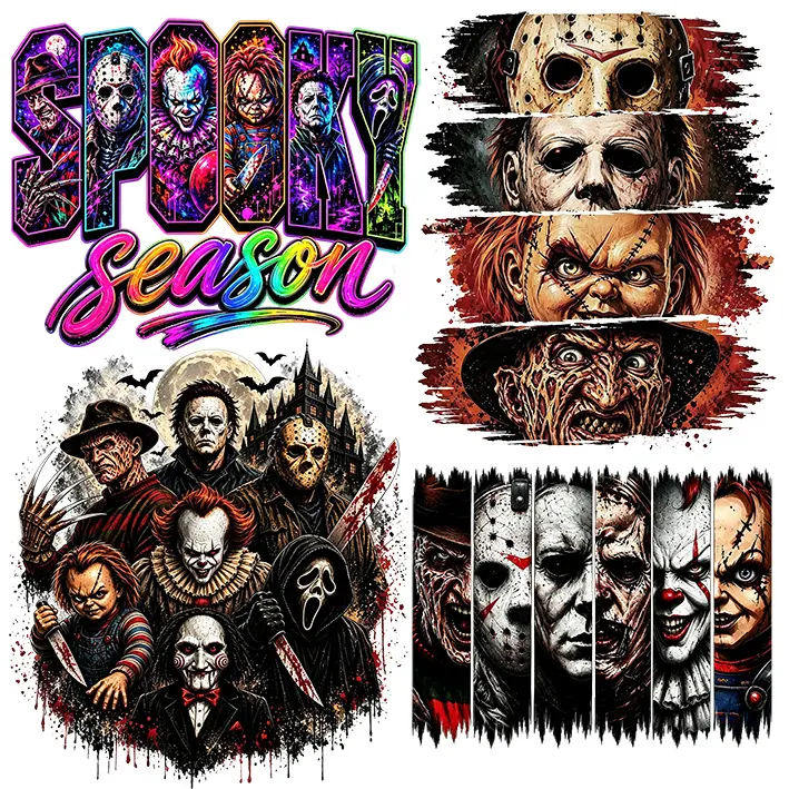 Retro Horror Villain Faces DTF Transfer - Slasher Vibe Washable Iron-On Sticker - Sewing Accessory for T-Shirts, Bags, Fabric Decor