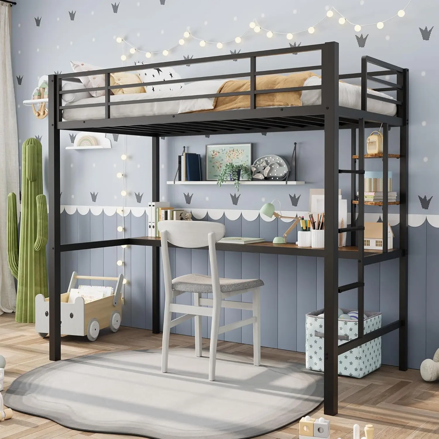 Twin Loft Bed with Desk and Shelves, Metal High Bunk Bed Frame. 74.8" Large Workspace, Storage Rack. Sturdy Steel, 350 LB Capacity. For Bedroom, Dorm, Small Space. White & Brown, Guardrail, Ladder