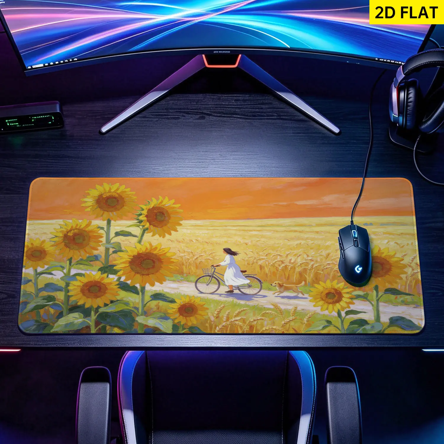 3D Banana & Pink Fantasy Extra Large Sunflower Field Oil Painting Desktop Mouse Pad - Non-Slip Rubber Base, Washable Edge, Stitched Edges, Precise Control, Multi-Size Durable Gaming Computer Desk Accessory for Home Office, Desktop Mouse Pads, 3D Banana De