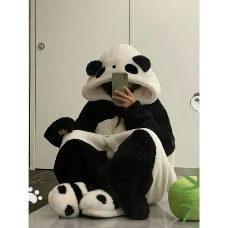 Hooded Panda Pajama Women's Autumn and Winter Coral Velvet, Robe Thickened with Velvet Home Clothes Hit  Dress Pants  Fabric Loungewear