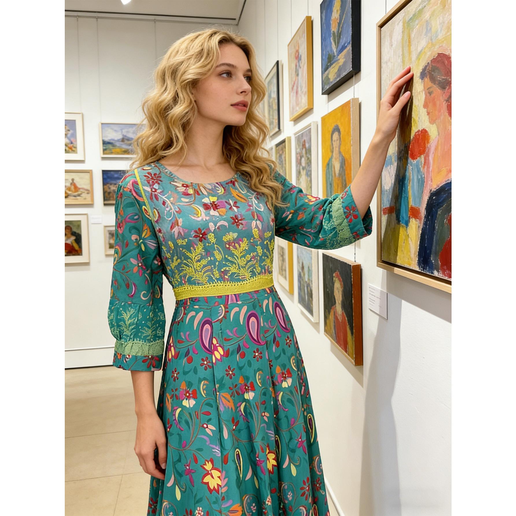 Vibrant Teal Boho Paisley Maxi Dress Elegant Floral Lantern Sleeve Gown | Size Inclusive S-XL | Perfect for Beach Vacation, Festival & Wedding Guest