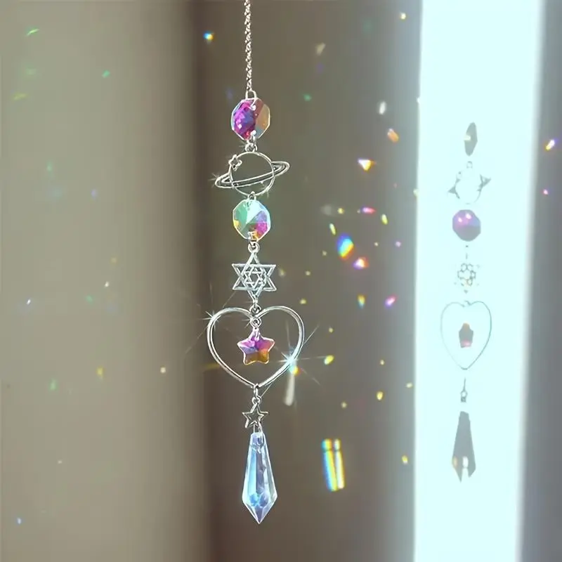 Unique Crystal Moon & Sun Wind Chime with Diamond Prism Pendant - Vibrant Rainbow Dream Catcher for Home and Garden Deco