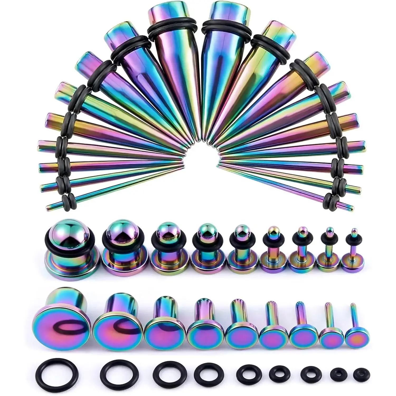 14G-00G 36pcs Ear Gauges Stretching Kit Surgical Steel Tapers for Ears Gauge Starter Kits Single Flat Top Gauges Plugs for Women Men