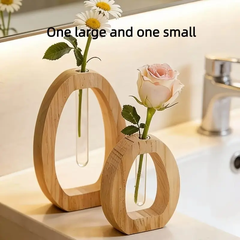 Two Wooden Hydroponic Planters, Creative Glass Vase Decor, High-End Floral Containers, Elegant Decoration for Home