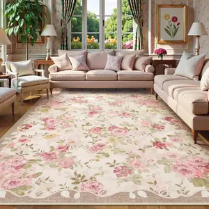 Lahome Vintage Floral 8x10 Area Faux Cashmere Rugs,Soft Living Room Faux Cashmere Rugs Boho Large Area Faux Cashmere Rug Machine Washable, Low Pile Pink Faux Cashmere Rugs for Bedroom Carpet for Nursery Rug Playroom Dining Room(8'X10',Beige)