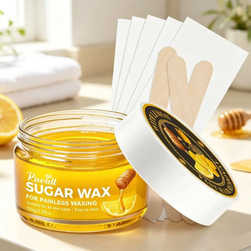 150g Honey Lemon Sugar Wax Hair Removal Kit, Gentle & Painless Natural Wax, Comes with Special Wax Strips & Wooden Spatula, Irritation-Free for At-Home Full Body Use on Arms, Legs, Underarms and Bikini Line