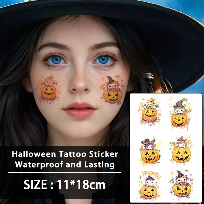 Halloween Cute Pumpkin Cat Colorful Cartoon Temporary Tattoo Stickers, Waterproof, Long-Lasting, Suitable for Face, Hands, Arms, Legs, Chest, Neck, Back