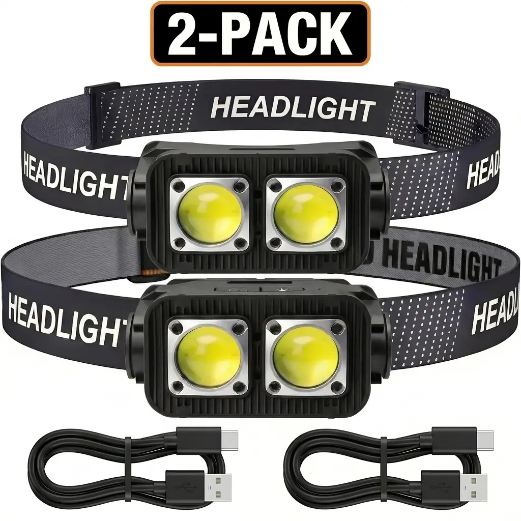 2 PACK USB Rechargeable Headlamp with Motion Sensor, Smart Headlamp Flashlight with Red Light, Bright Portable Mini Headlight, Camping Essentials Car Emergency Tool