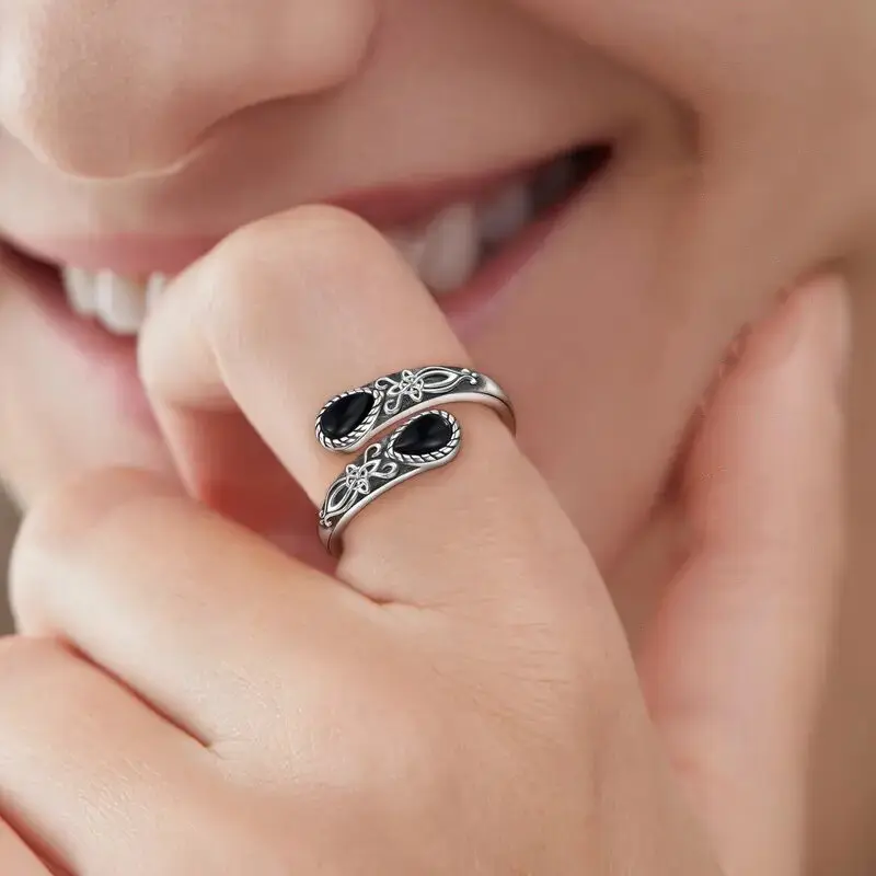 B Electroplated Silver Adjustable Open Band for Women, Mystic Witch Black Obsidian Ring,  Gothic Magic Jewelry, Spiritual Energy Crystal Ring, Perfect Gift for Birthday, Mother's Day & Occult Lovers, Boho Wedding Engagement Ring