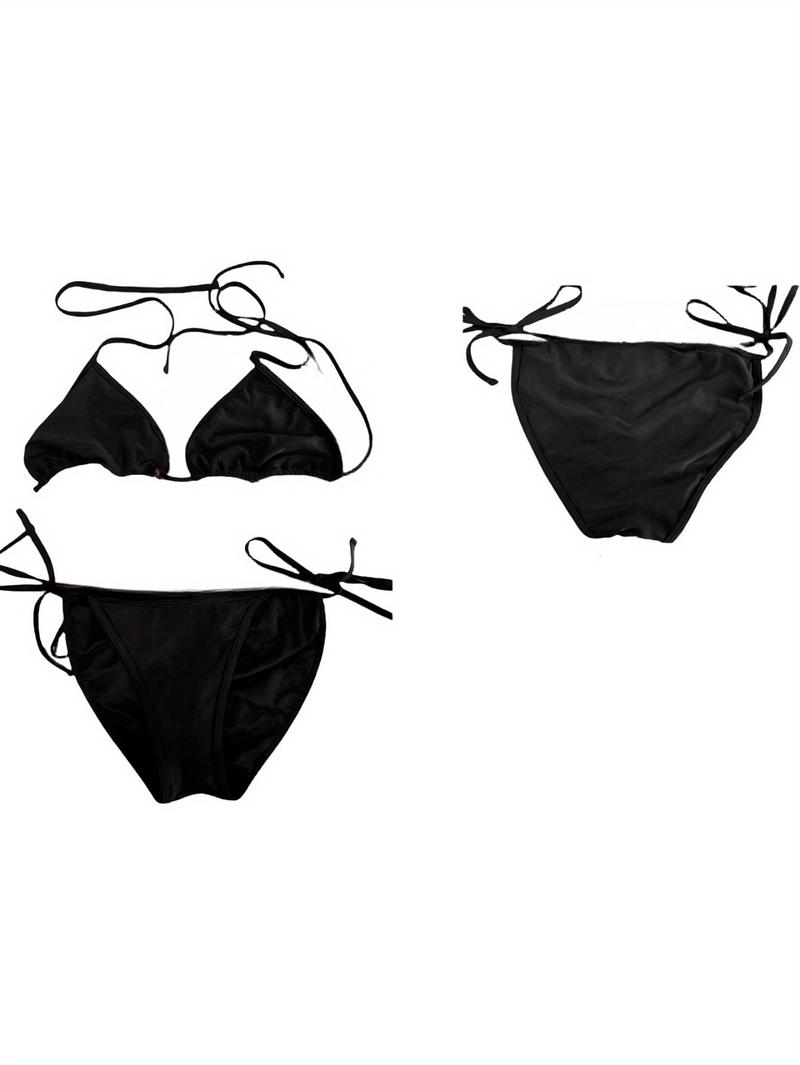 Women's two-piece triangle bikini set with spaghetti straps, featuring tie-side bottoms, sexy swimsuit, bathrobe