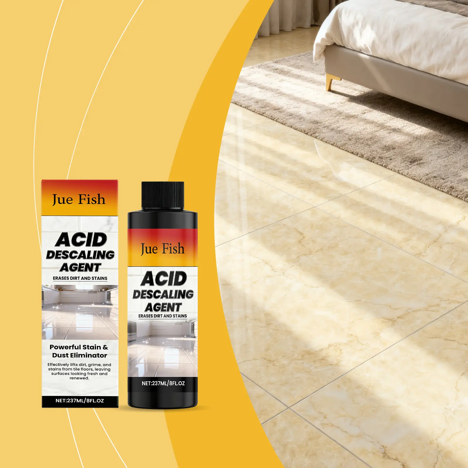 Jue Fish Liquid Household Tile Cleaner, Gentle Isomeric Alcohol-Polyoxyethylene Formula, 3-Year Shelf-Stable, 237ml Single Bottle (297g), Floor Cleaning Home Supplies for Tile Surfaces & Gaps, Shine-Enhancing Solution
