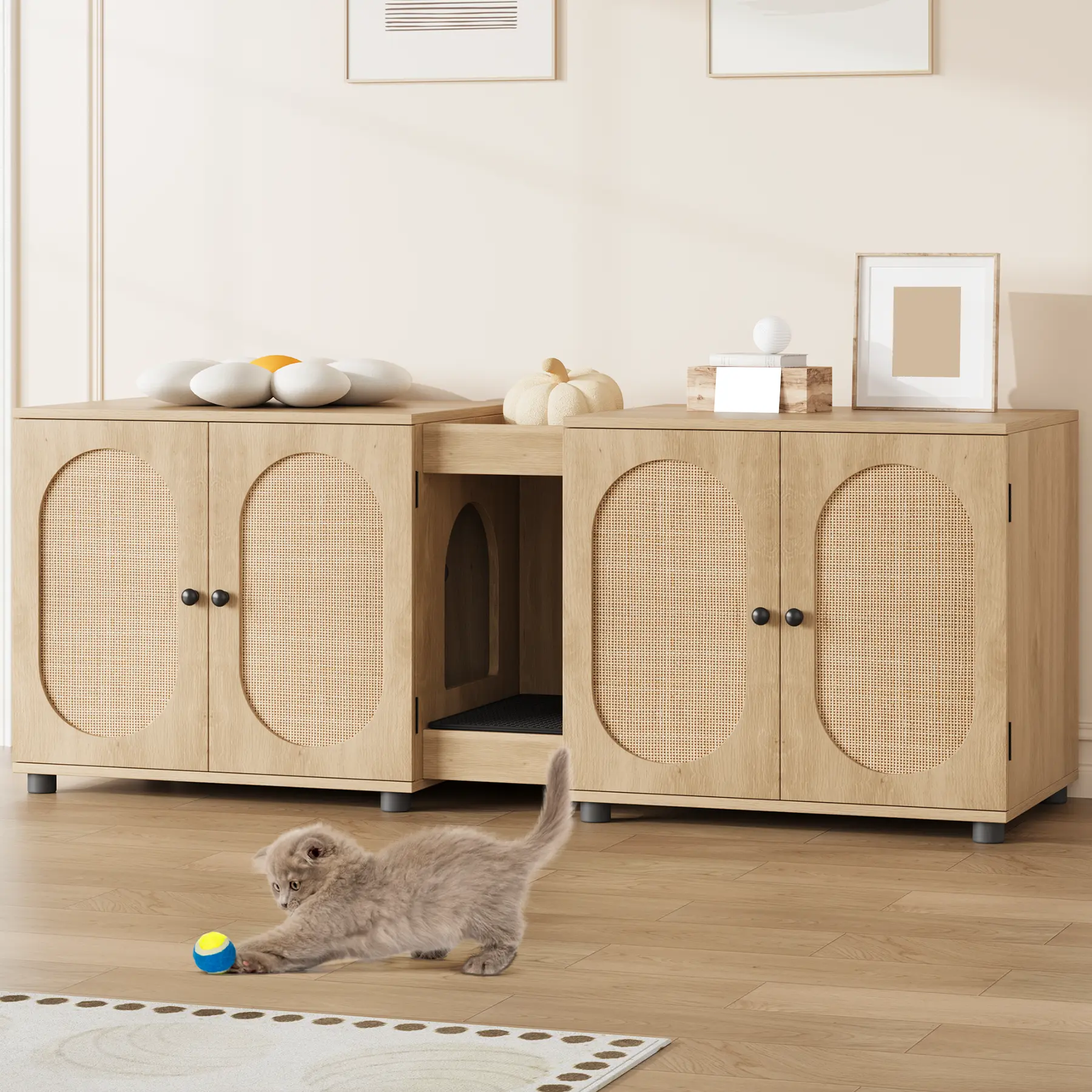 Double Cat Litter Box Enclosure with Rattan Doors | Hidden Litter Cabinet, Storage Shelf & Litter Pad – Stylish for Living Room/Hallway