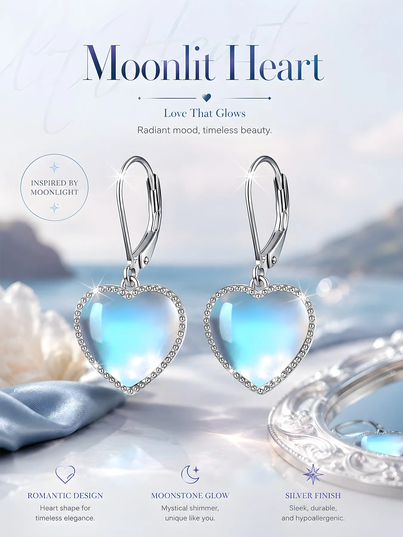 925 silver plated earrings, Heart Shaped Earrings, Jewelry Earrings, with moonstone pendant, nickel-free, hypoallergenic, suitable for daily wear, perfect gift for friends, birthdays