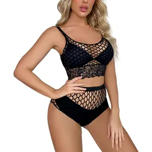 Goddess Closet Fishnet Lingerie Set for Women Sexy Lace Mesh Babydoll Lingerie High Waist Bra and Panty 2 Piece Lingerie Sets Nightwear Onesize 2-10