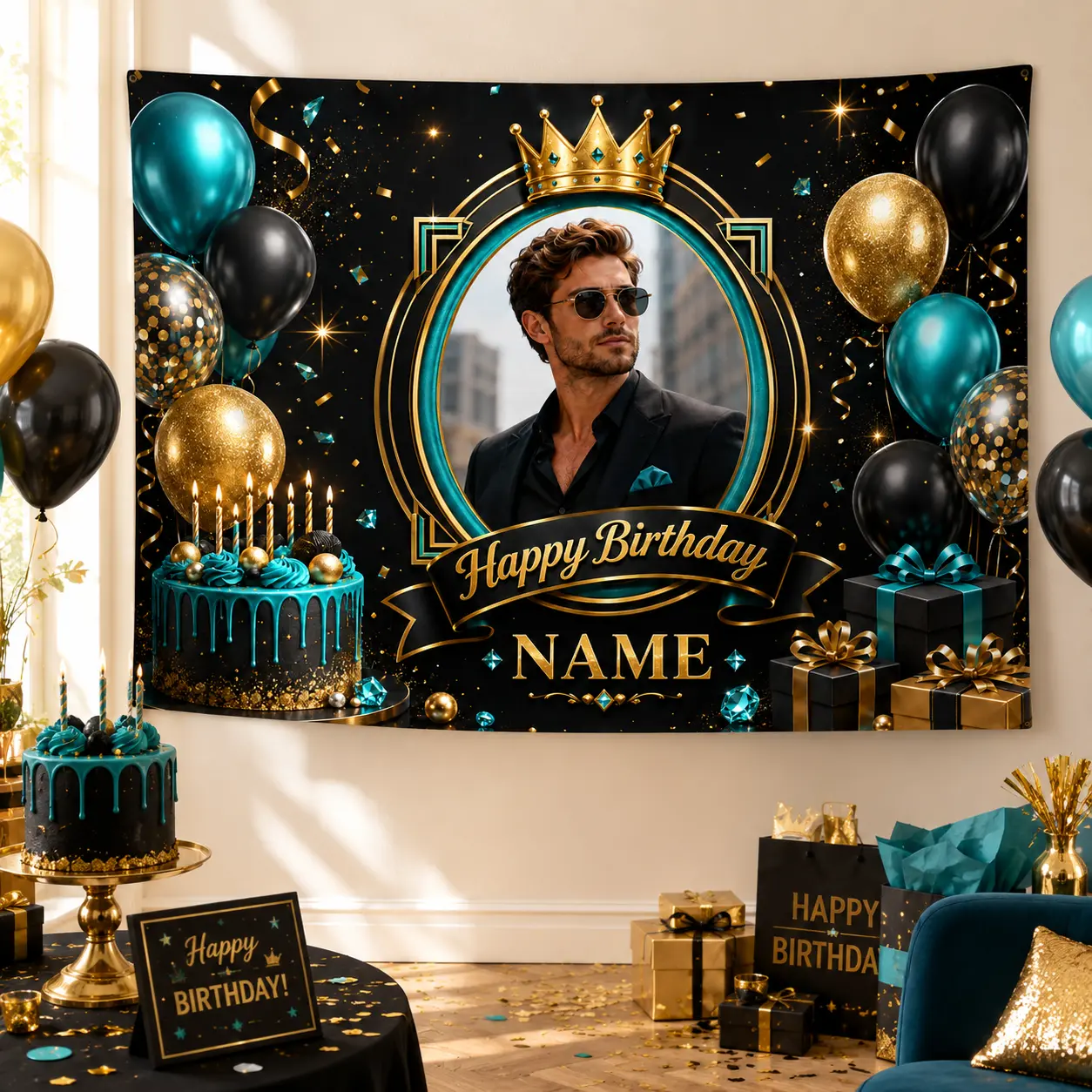 Personalized Teal Black Gold Birthday Backdrop with Custom Photo & Name, Elegant Crown Adult Men Party Banner, Birthday Photo Booth Background Decorations