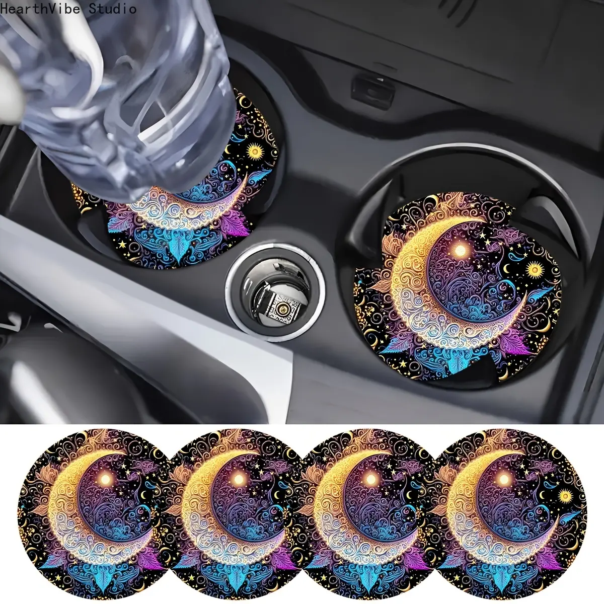 4-Piece Starry Sky Coaster Set – Non-slip drink coasters featuring a gold crescent moon and star design in blue and purple hues; fits 2.755-inch cup holders; easy-to-clean surface; ideal car accessory gift for women, men, drivers, and travel enthusiasts;